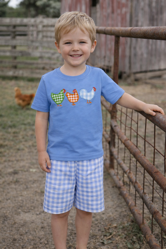 Blue Plaid Chicken Boy Short Set