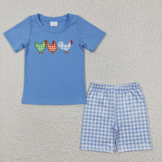 Blue Plaid Chicken Boy Short Set