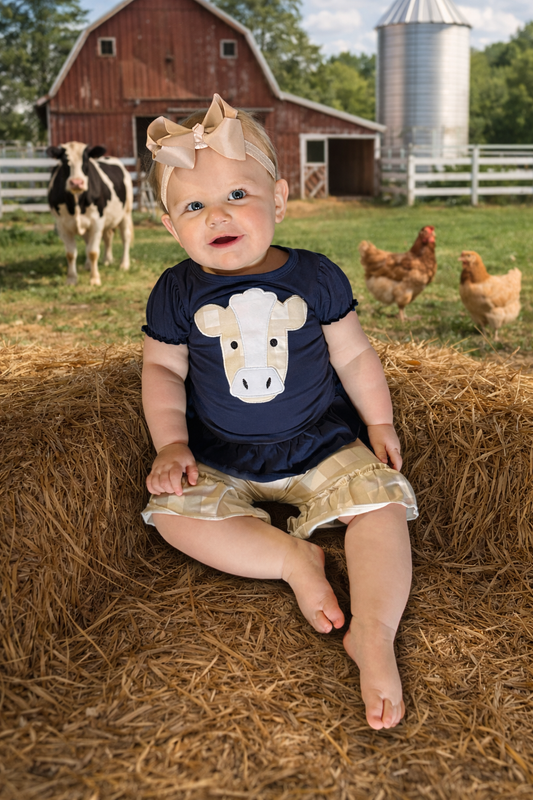 Navy Cow Ruffle Short Set