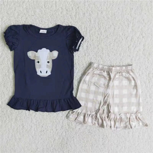 Navy Cow Ruffle Short Set